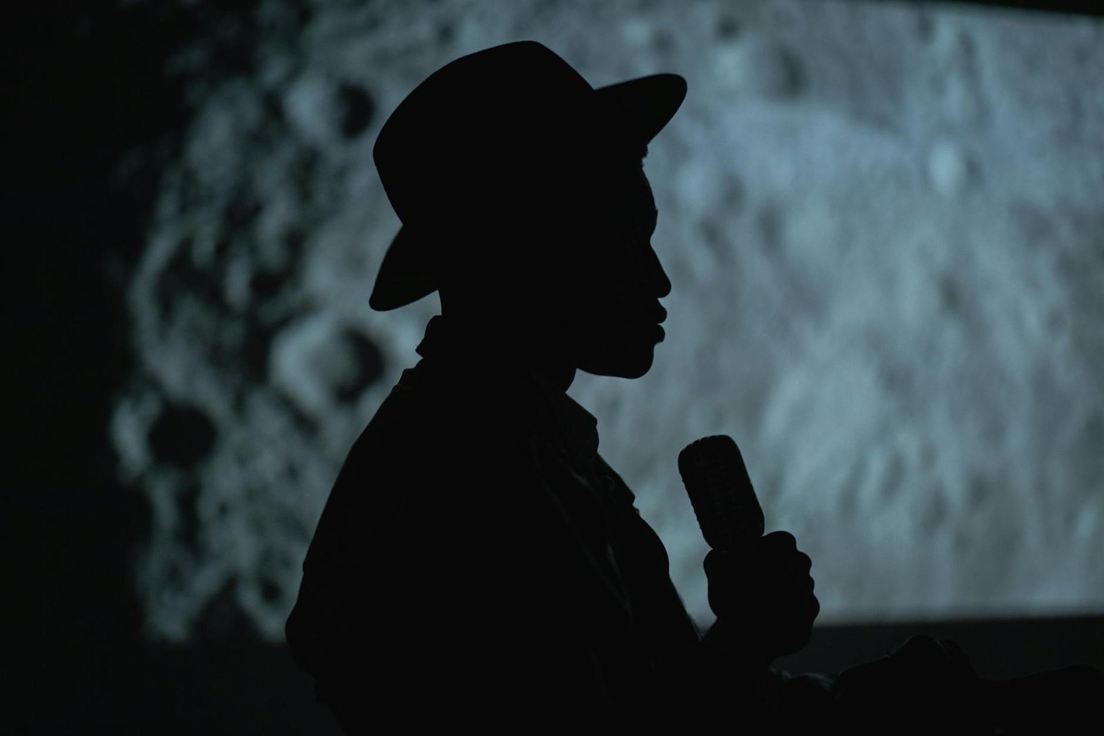 silhouette of person holding a microphone